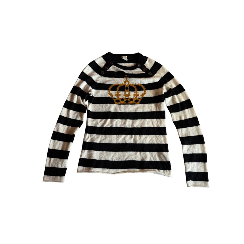 J.Crew 100% Cashmere Striped Crown Sweater Black White Gold Button Shoulder S